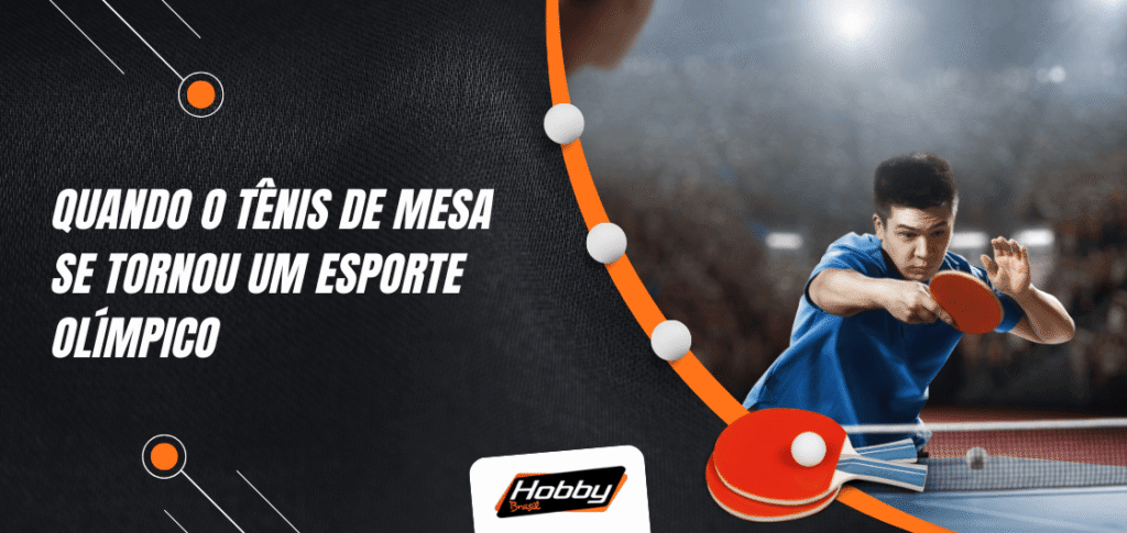 Arte sobre a história do tênis de mesa olímpico mostra um atleta em ação e destaca quando o esporte se tornou olímpico.