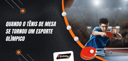 Arte sobre a história do tênis de mesa olímpico mostra um atleta em ação e destaca quando o esporte se tornou olímpico.